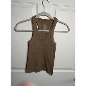Intimately Free People Ribbed Lettuce Hem High Neck Racerback Tank Top Brown M/L